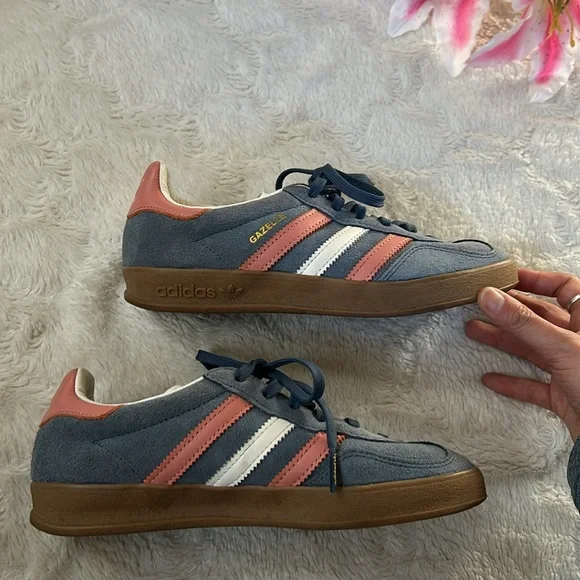 Adidas Gazelle Suede Blue w/Pink & White Stripes Sneakers - Picture 10 of 16